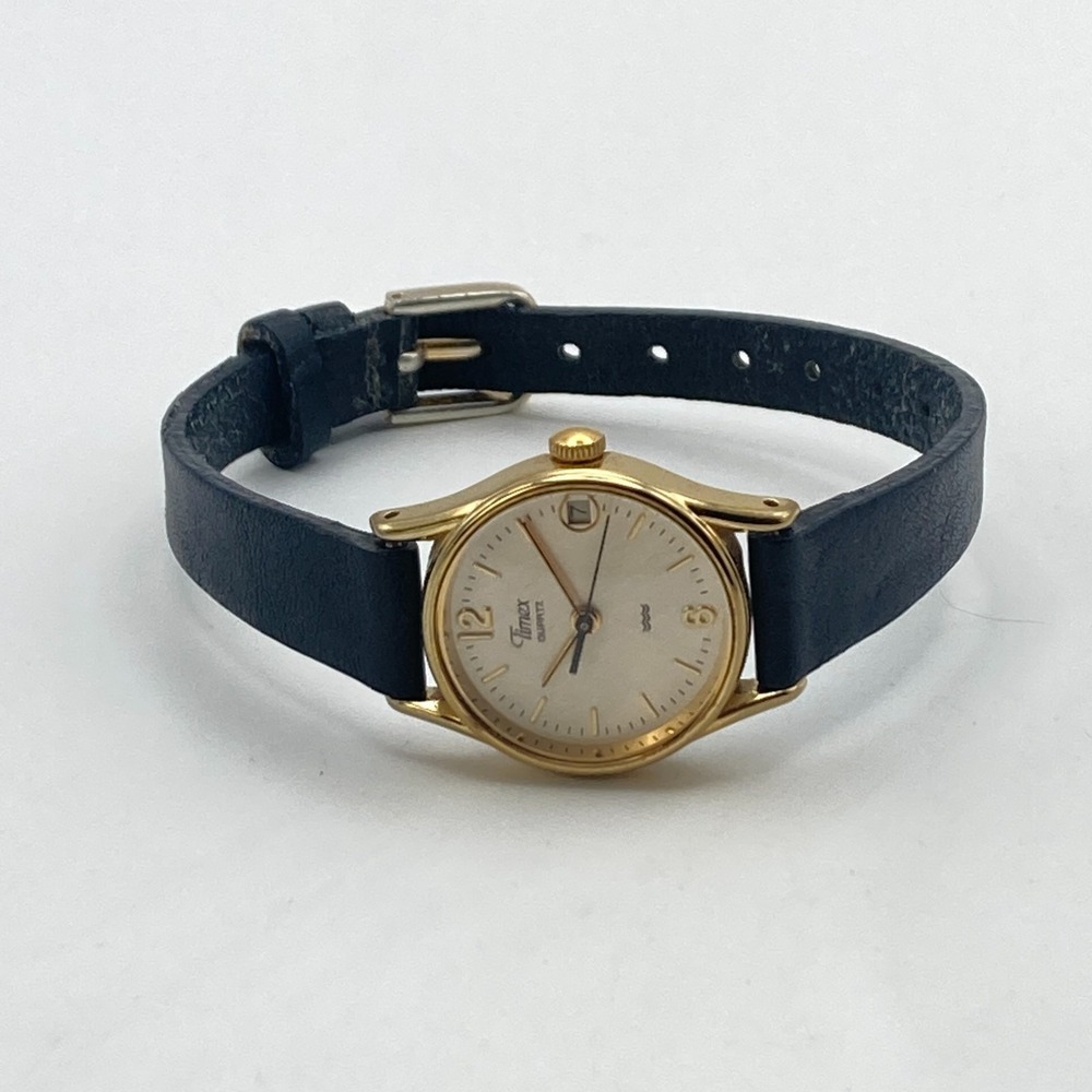 Vintage Timex Womens Watch 22mm Gold Tone Linen Dial Date New Battery SMALL 7.5" - Picture 11 of 16